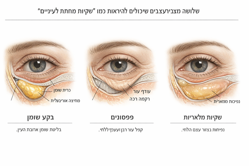 הבדל בין בקע שומן, פסטונים ושקיות מלאריות מתחת לעיניים