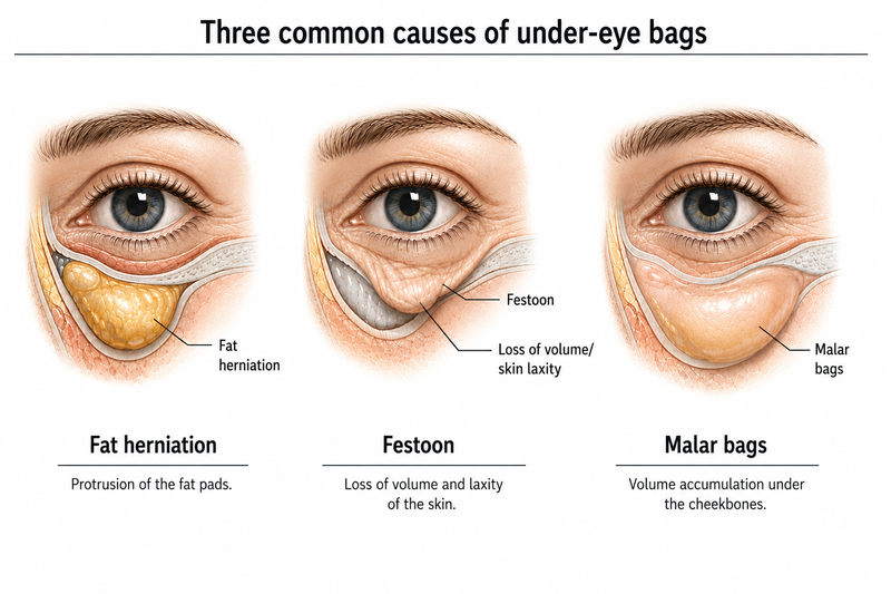 The difference between fat herniation, festoons, and malar bags beneath the eyes