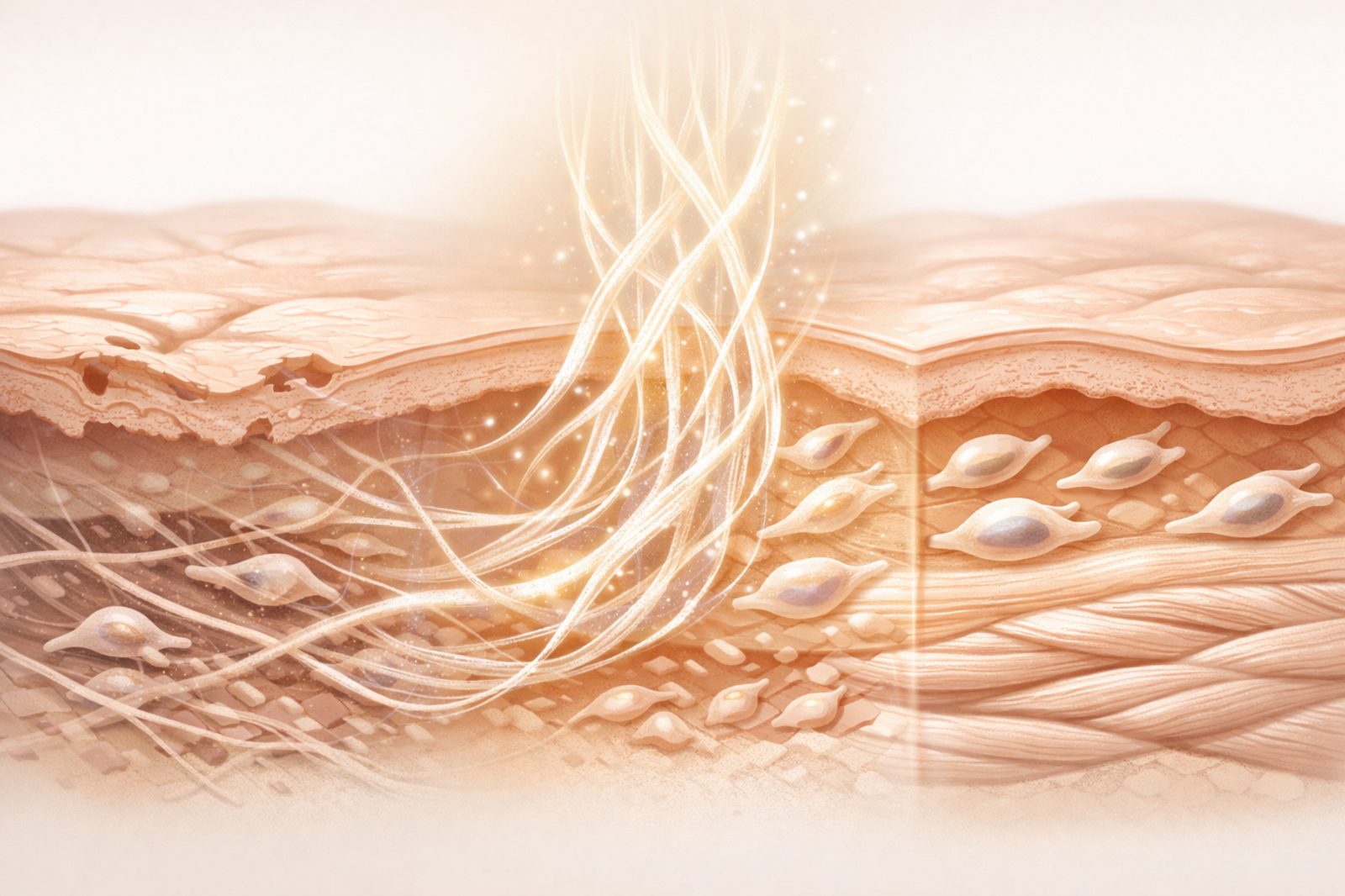 Editorial illustration showing polynucleotide filaments supporting fibroblast activity and organized collagen formation.