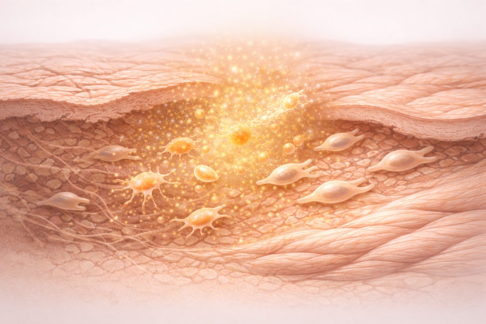 Illustration éditoriale montrant la PRF dispersée dans le derme, activant les fibroblastes et soutenant le remodelage du collagène.