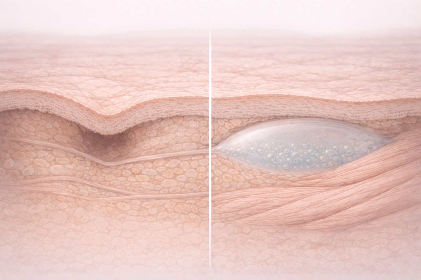 Illustration éditoriale montrant un filler à l’AH placé dans le plan tissulaire approprié, soutenant le contour et réduisant les ombres.